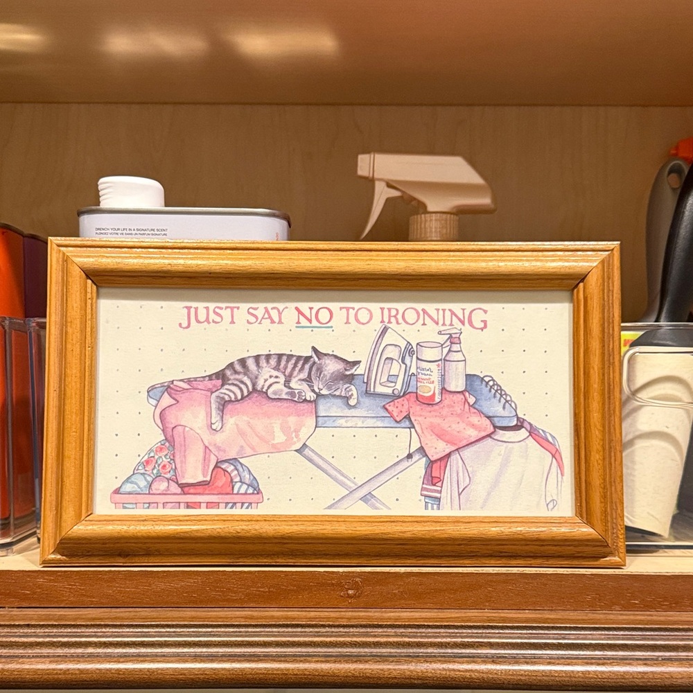 Framed Cat Art Print - Just Say No to Ironing - Brown Frame